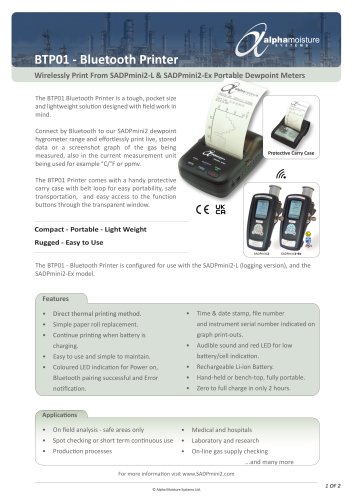 Bluetooth Printer Datasheet for SADPmini2 dew point meter