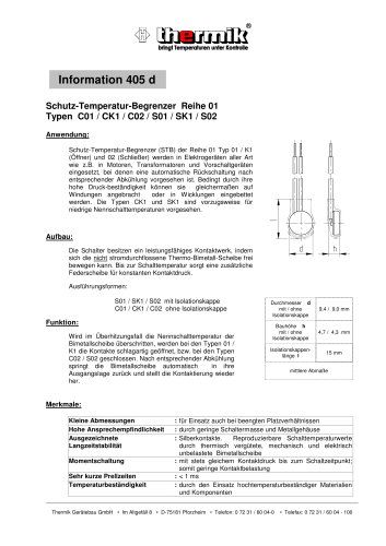 Schutztemperaturbegrenzer ohne Isolierkappe - Typen C01 / CK1 / C02 / S01 / SK1 / S02