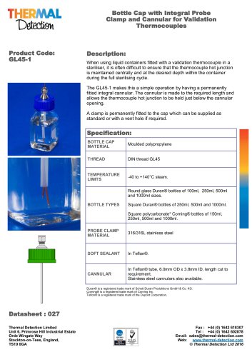 Bottle Cap Gland for Thermocouple Wire GL45-1