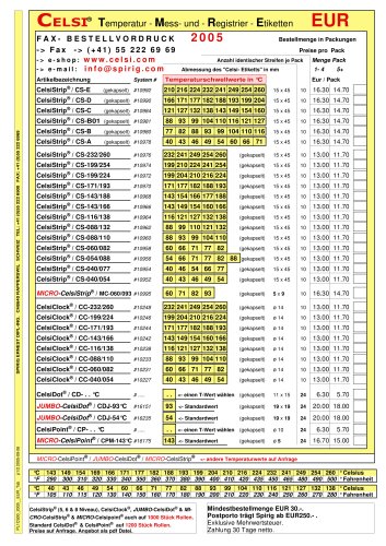 CELSISTRIP® verfügbare Temperaturwerte / EUR / CHF Preise