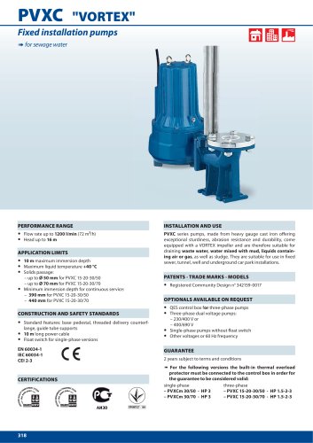 PVXC  "VORTEX" Fixed installation pumps for sewage water