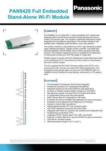 PAN9420 Full Embedded Stand-Alone Wi-Fi Module