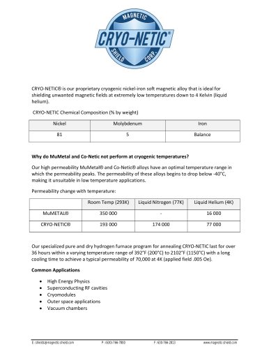 CRYO-NETIC Alloy Data Sheet