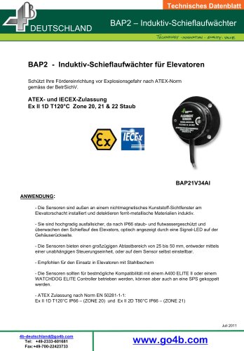 BAP2 Induktiv-Schieflaufwächter für Elevatoren