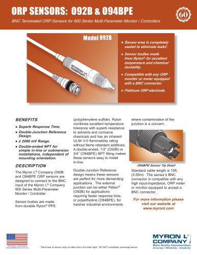BNC Terminated ORP SENSORS: O92B & O94BPE