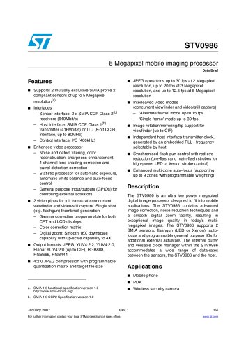 STV0986 5 Megapixel mobile imaging processor