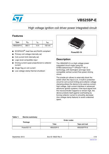 VB525SP-EHigh voltage ignition coil driver power integrated circuit