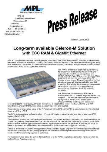 Long-term available Celeron-M Solution with ECC RAM & Gigabit Ethernet