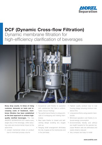 DCF (Dynamic Cross-flow Filtration)  Dynamic membrane filtration for  high-efficiency clarification of beverages