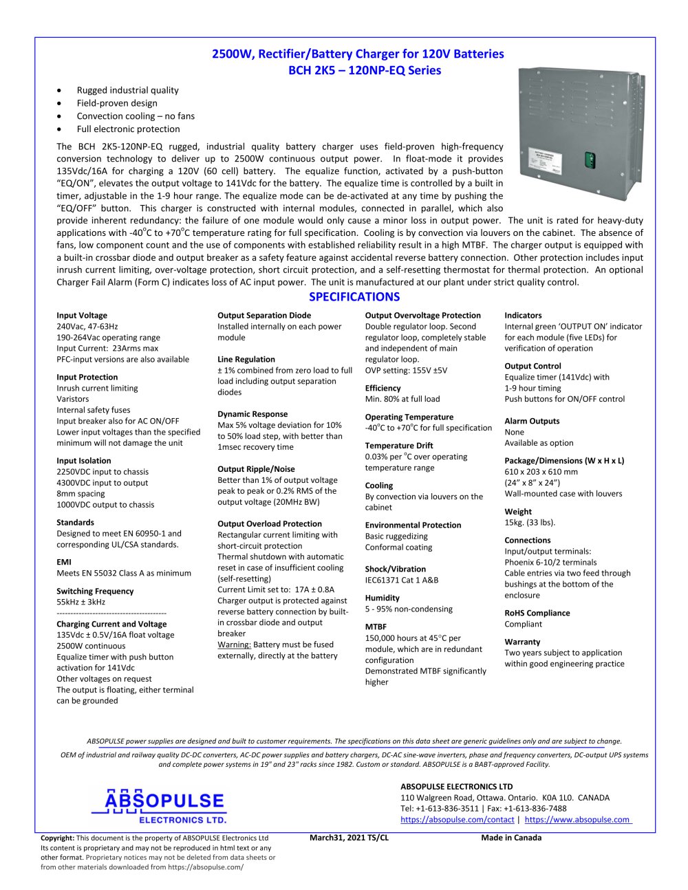 BCH 2K5 &ndash; 120NP-EQ  - ABSOPULSE Electronics Ltd.
