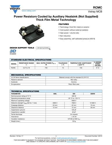 Power Resistors Cooled by Auxiliary Heatsink (Not Supplied) Thick Film Metal Technology