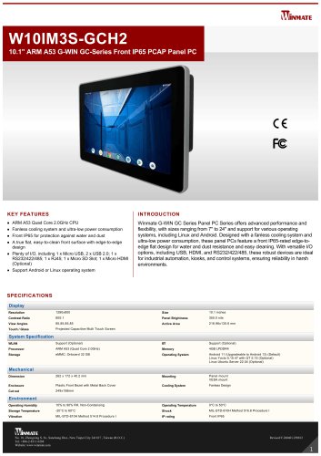 10.1" ARM A53 G-WIN GC-Series Front IP65 PCAP Panel PC W10IM3S-GCH2