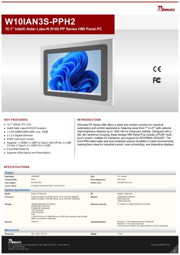 10.1&rdquo; Intel&reg; Alder Lake-N N150 PP Series HMI Panel PC W10IAN3S-PPH2