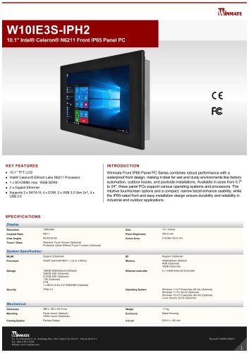 10.1" Intel&reg; Celeron&reg; N6211 Front IP65 Panel PC W10IE3S-IPH2