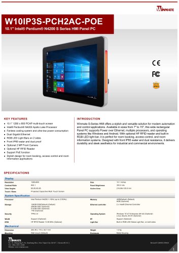 10.1" Intel&reg; Pentium&reg; N4200 S Series HMI Panel PCW10IP3S-PCH2AC-POE