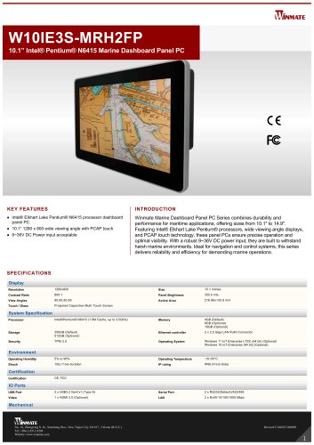 10.1&rdquo; Intel&reg; Pentium&reg; N6415 Marine Dashboard Panel PC W10IE3S-MRH2FP
