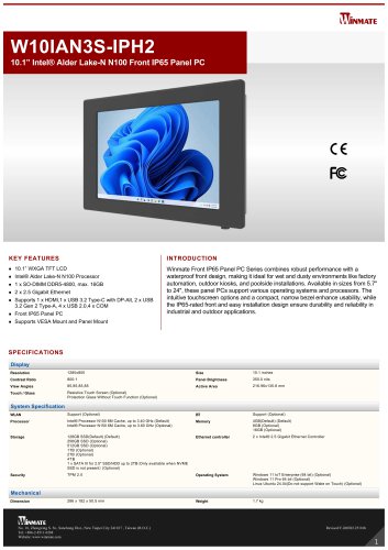 10.1&rdquo; Intel&reg; Twin Lake N150 Front IP65 Panel PC W10IAN3S-IPH2