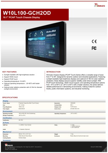 10.1" PCAP Touch Chassis Display W10L100-GCH2OD