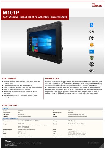 10.1" Windows Rugged Tablet PC with Intel&reg; Pentium&reg; N4200 M101P