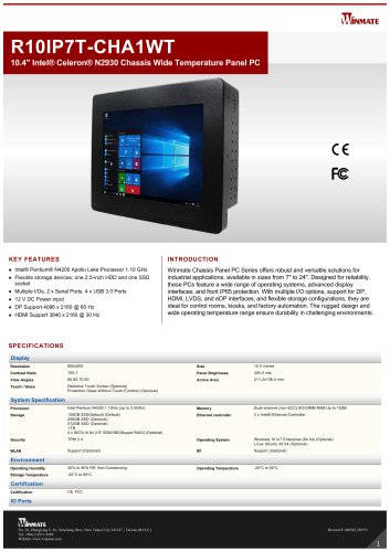 10.4" Intel® Celeron® N2930 Chassis Wide Temperature Panel PC R10IP7T-CHA1WT
