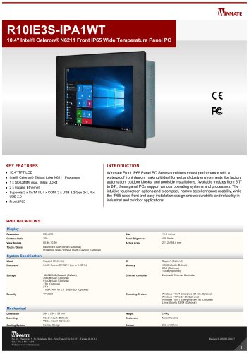 10.4" Intel&reg; Celeron&reg; N6211 Front IP65 Wide Temperature Panel PC R10IE3S-IPA1WT