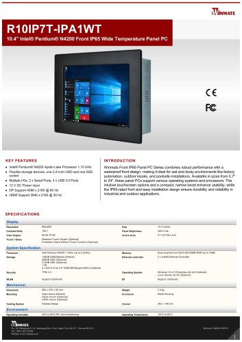 10.4" Intel&reg; Pentium&reg; N4200 Front IP65 Wide Temperature Panel PC R10IP7T-IPA1WT