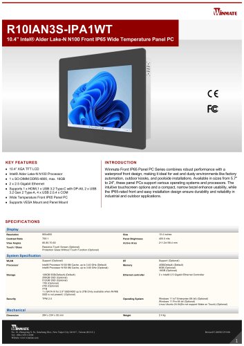 10.4&rdquo; Intel&reg; Twin Lake N150 Front IP65 Wide Temperature Panel PC R10IAN3S-IPA1WT