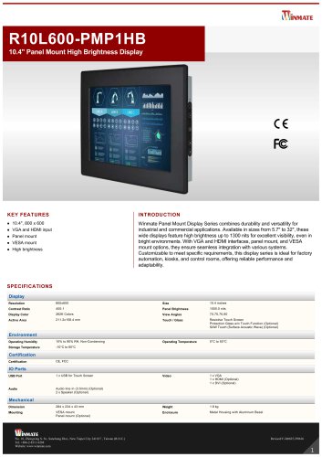 10.4" Panel Mount High Brightness Display  R10L600-PMP1HB