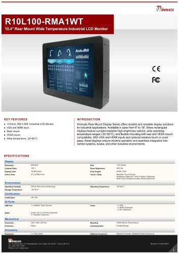 10.4" Rear Mount Wide Temperature Industrial LCD Monitor R10L100-RMA1WT