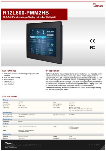 12,1-Zoll-Panelmontage-Display mit hoher Helligkeit