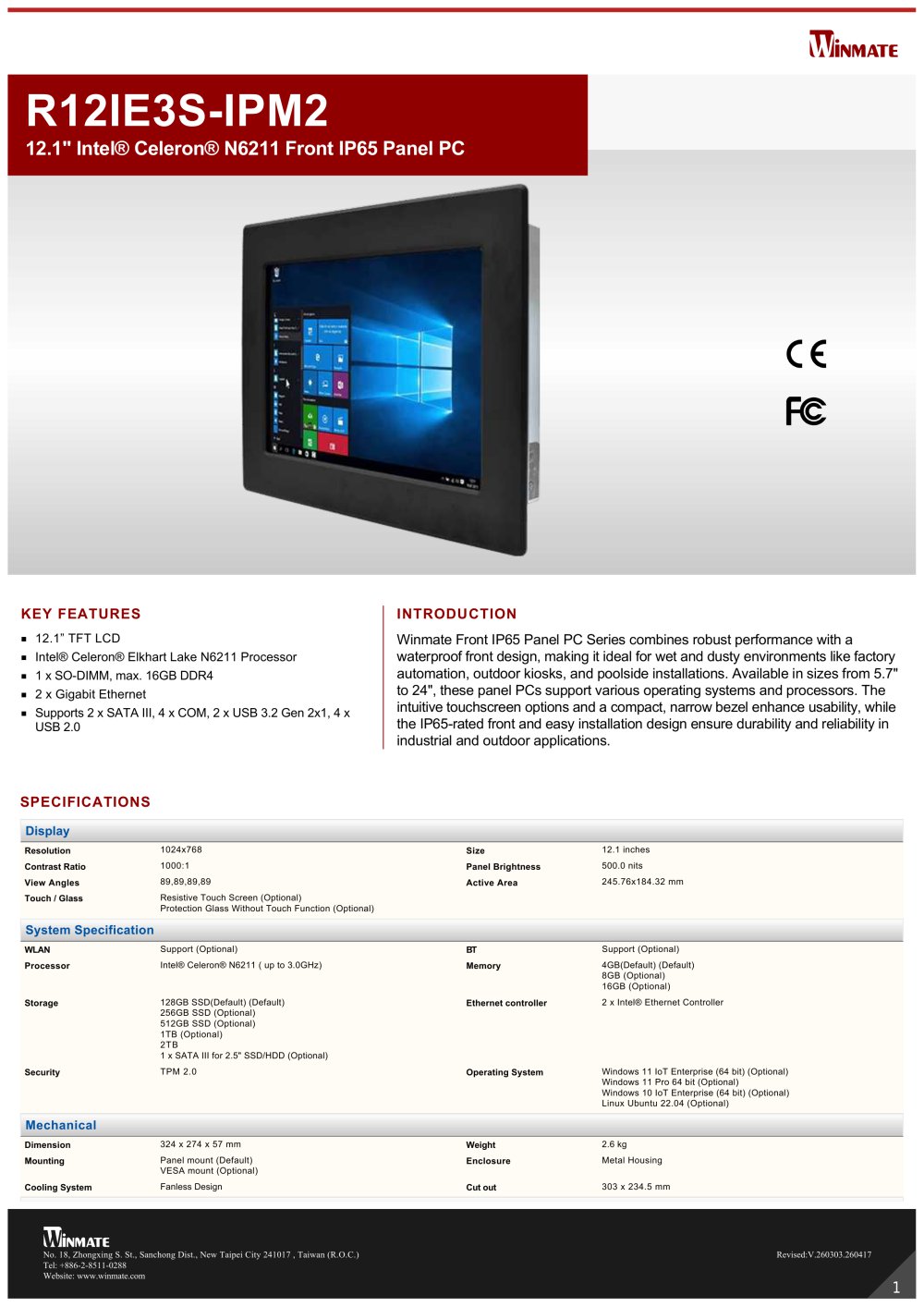 12.1" Intel&reg; Celeron&reg; N6211 Front IP65 Panel PC R12IE3S-IPM2 - Winmate, Inc.