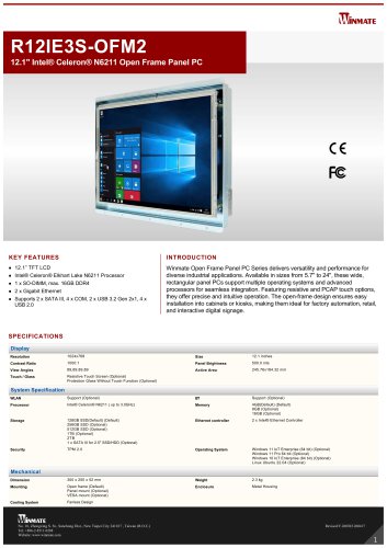 12.1" Intel&reg; Celeron&reg; N6211 Open Frame Panel PC R12IE3S-OFM2