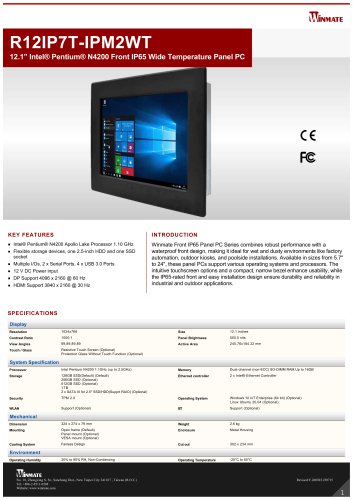 12.1&rdquo; Intel&reg; Pentium&reg; N4200 Front IP65 Wide Temperature Panel PC R12IP7T-IPM2WT