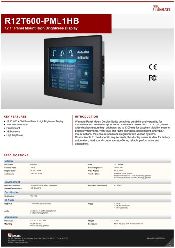 12.1" Panel Mount High Brightness Display R12T600-PML1HB 
