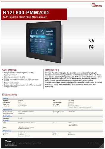 12.1" Resistive Touch Panel Mount Display R12L600-PMM2OD