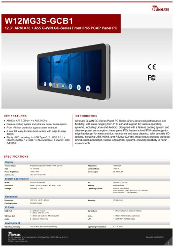 12.3" ARM A78 + A55 G-WIN GC-Series Front IP65 PCAP Panel PC W12MG3S-GCB1