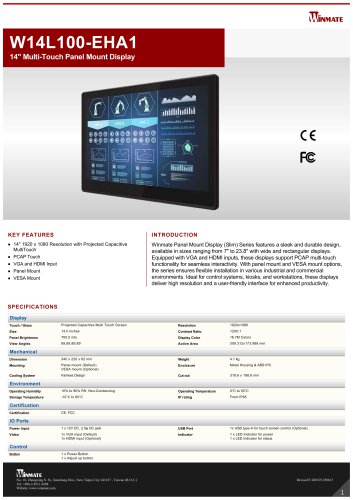 14" Multi-Touch Panel Mount Display W14L100-EHA1