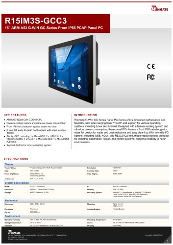 15" ARM A53 G-WIN GC-Series Front IP65 PCAP Panel PC R15IM3S-GCC3