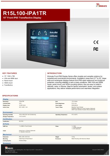 15" Front IP65 Transflective Display  R15L100-IPA1TR 
