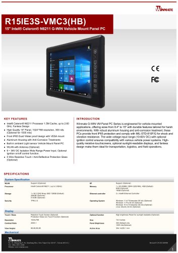 15" Intel&reg; Celeron&reg; N6211 G-WIN Vehicle Mount Panel PC R15IE3S-VMC3(HB)