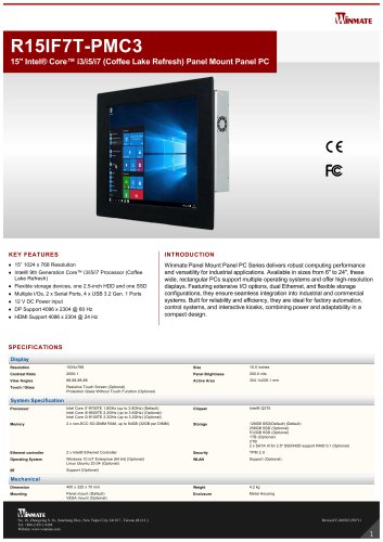 15" Intel&reg; Core&trade; i3/i5/i7 (Coffee Lake Refresh) Panel Mount Panel PC R15IF7T-PMC3