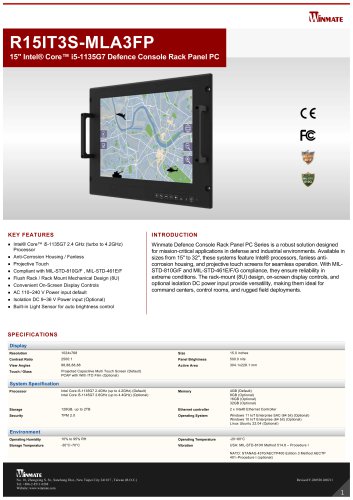 15" Intel&reg; Core&trade; i5-1135G7 Defence Console Rack Panel PC R15IT3S-MLA3FP