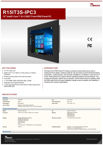 15" Intel&reg; Core&trade; i5-1135G7 Front IP65 Panel PC R15IT3S-IPC3