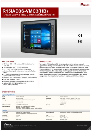 15&Prime; Intel&reg; Core&trade; i5-1235U G-WIN Vehicle Mount Panel PC R15IAD3S-VMC3(HB)