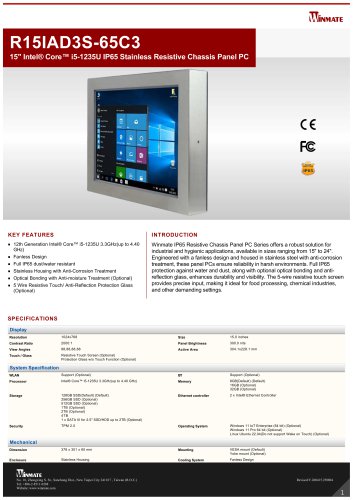 15" Intel&reg; Core&trade; i5-1235U IP65 Stainless Resistive Chassis Panel PC R15IAD3S-65C3