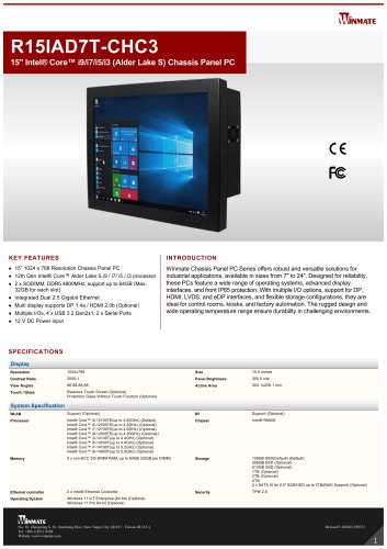 15" Intel® Core™ i9/i7/i5/i3 (Alder Lake S) Chassis Panel PC R15IAD7T-CHC3