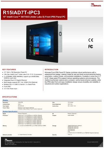 15" Intel&reg; Core&trade; i9/i7/i5/i3 (Alder Lake S) Front IP65 Panel PC R15IAD7T-IPC3