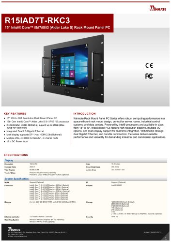15" Intel&reg; Core&trade; i9/i7/i5/i3 (Alder Lake S) Rack Mount Panel PC R15IAD7T-RKC3