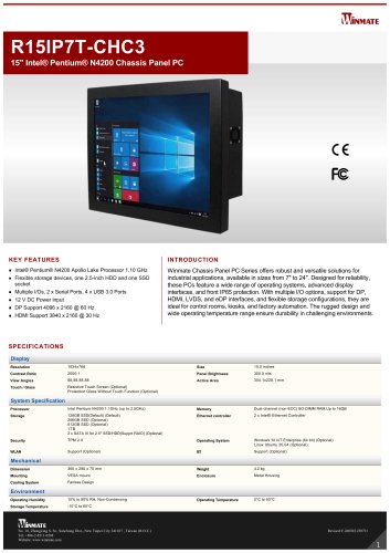 15" Intel&reg; Pentium&reg; N4200 Chassis Panel PC R15IP7T-CHC3