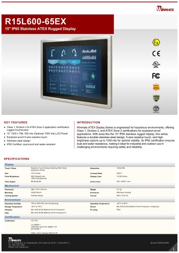 15" IP65 Stainless ATEX Rugged Display R15L600-65EX